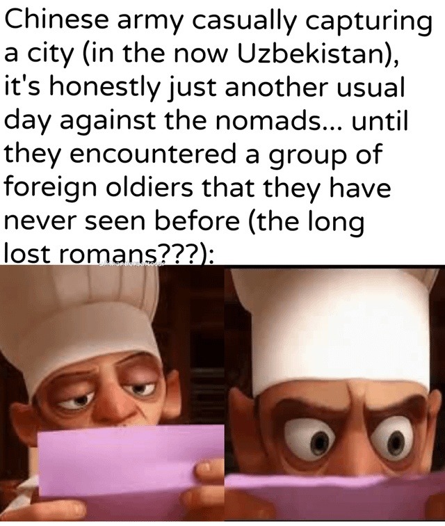 chinese army runs into lost roman soldiers like it’s a crossover - meme