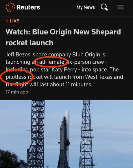 Blue Origin all female crew pilotless rocket - meme