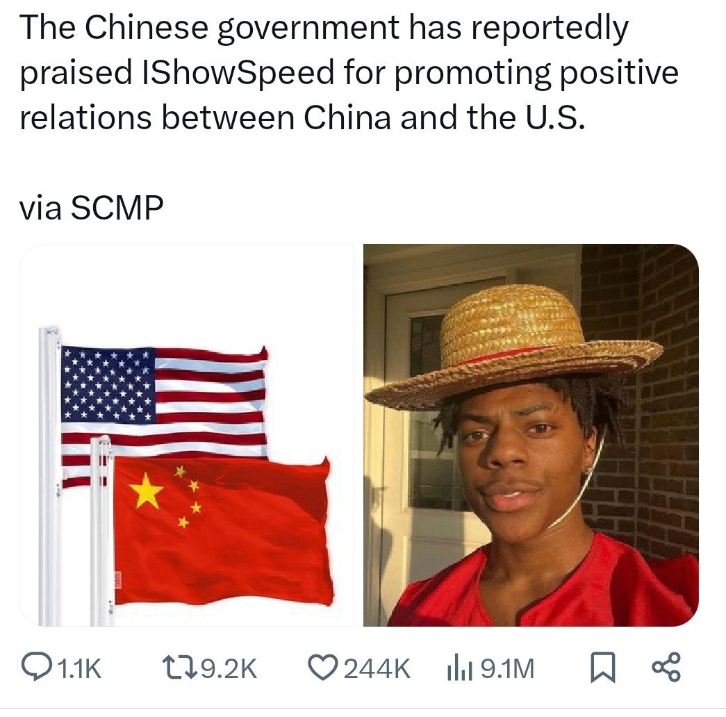 China praises IShowSpeed for being chill with both sides - meme