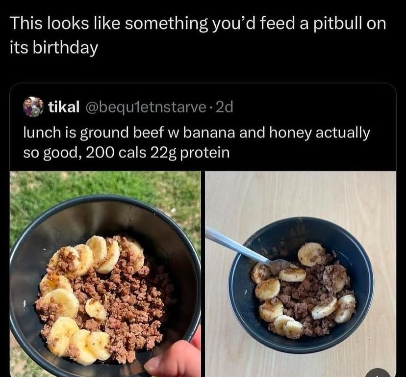 ﻿This looks like something you’d feed a pitbull on its birthday tikal @bequletnstarve . 2d lunch is ground beef w banana and honey actually so good, 200 cals protein 22g