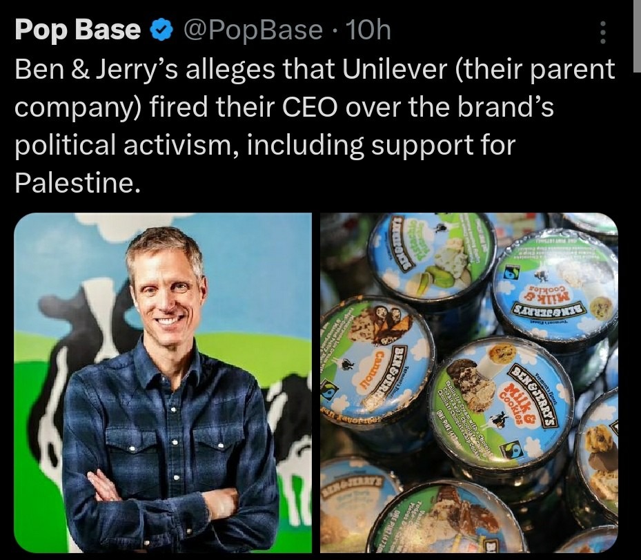 Ben & Jerry's says Unilever fired their CEO over Palestine support... spicy - meme