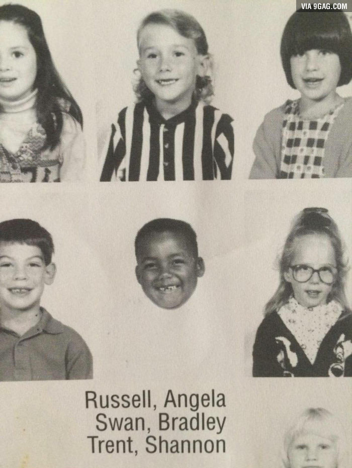 My friend's elementary picture. He wore a withe sweater. - meme