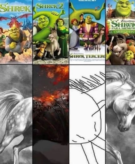 Saga de Shrek con la rigurosa valoración del meme dle caballo dibujado