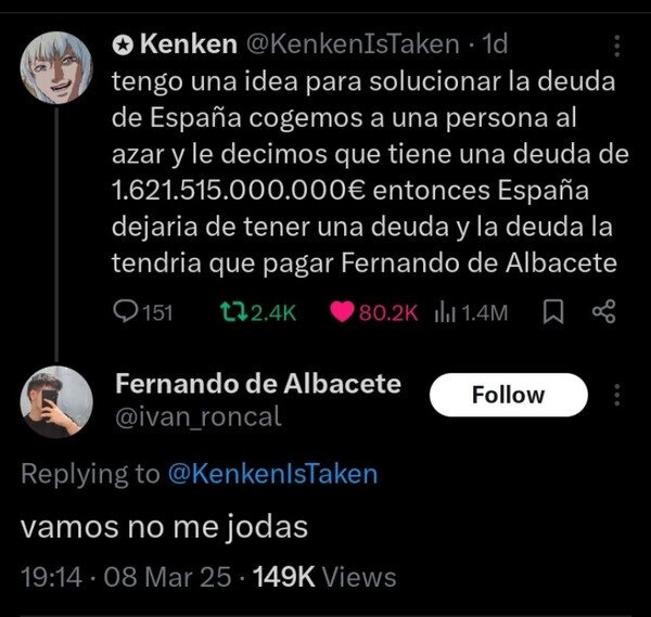 a cargarle la deuda a Fernando de Albacete - meme