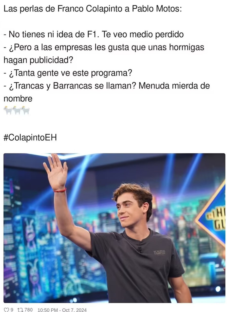 Resumen de Franco Colapinto en el Hormiguero - meme