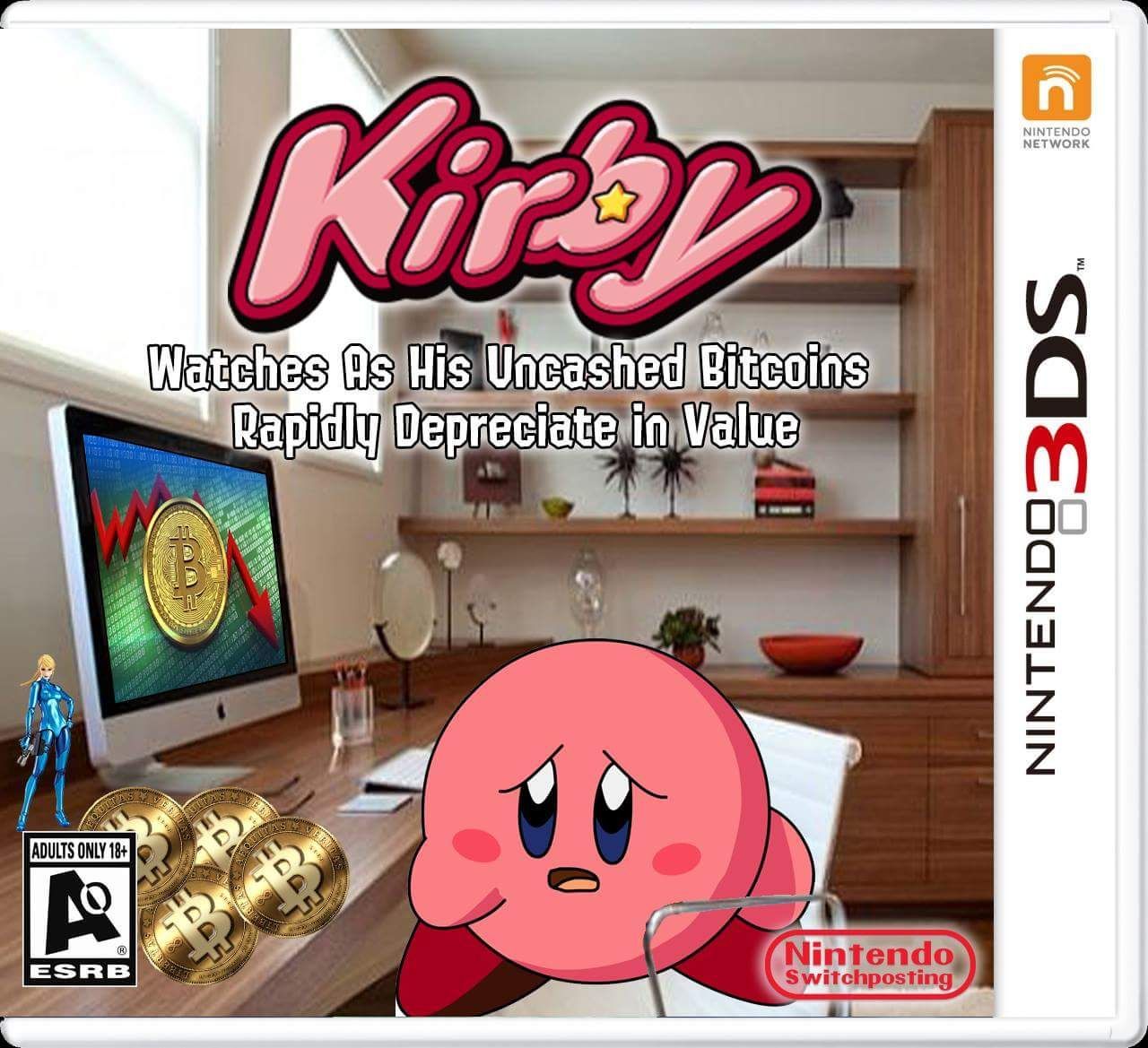 Kirby Watches As His Uncashed Bitcoins Rapidly Depreciate in Value - meme