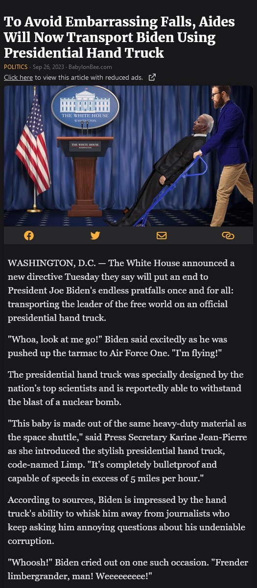 To Avoid Embarrassing Falls, Aides Will Now Transport Biden Using Presidential Hand Truck - meme