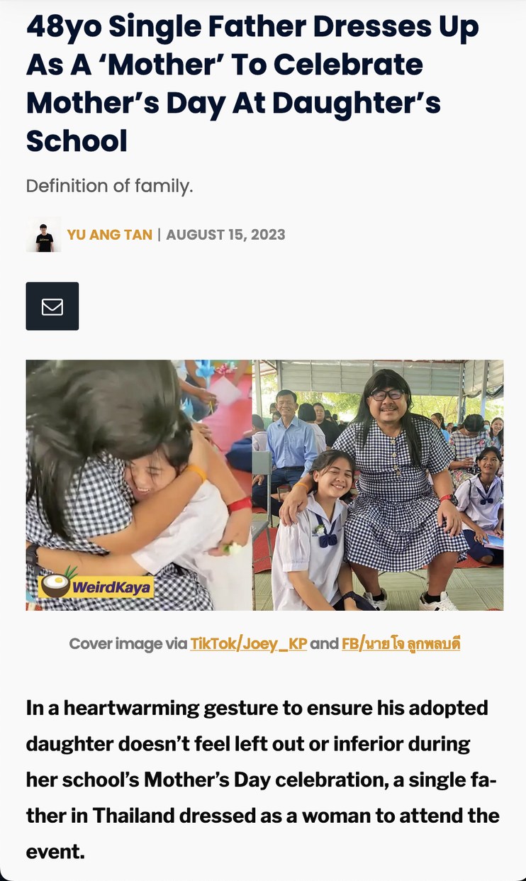 Single dad in Thailand attends Mother's Day school event dressed as woman for adopted child - meme