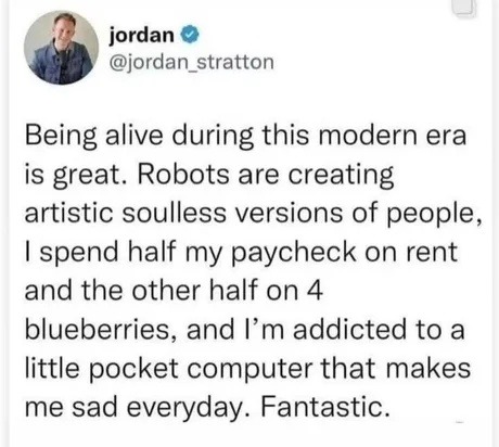 Living in 2025: sad robot art and 4 blueberries for $9 - meme