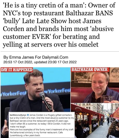 James Corden, a bully banned from restaurant - meme