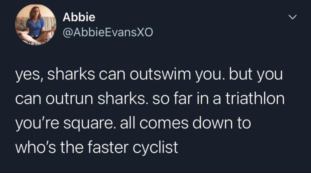 Yes sharks can outswim you but you can outrun them so triathlon is fair - meme