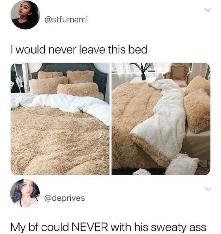 Some beds are sacred. Some boyfriends aren't - meme