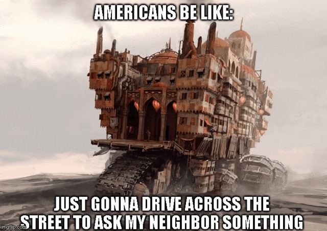 Americans driving 2 meters instead of walking - meme