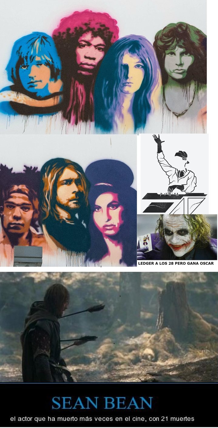 Grafiti del club de los 27 en Tel Aviv. Brian Jones, Jimi Hendrix, Janis Joplin, Jim Morrison, Jean-Michel Basquiat, Kurt Cobain, Amy Winehouse, Avicii, LEDGER - meme