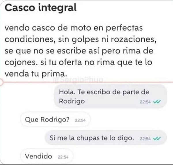 vendo casco, pero que tu oferta rime o ni te contesto - meme