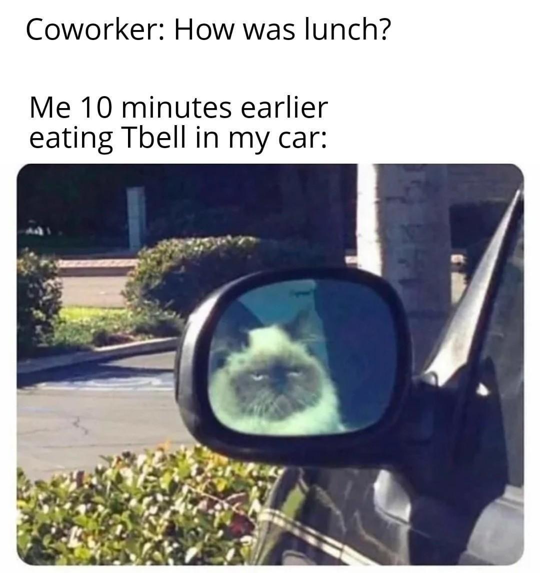 Coworker: How was lunch? Me: Just emotionally recovering in the car - meme