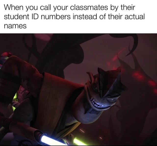 Calling classmates by their serial numbers like it's prison - meme