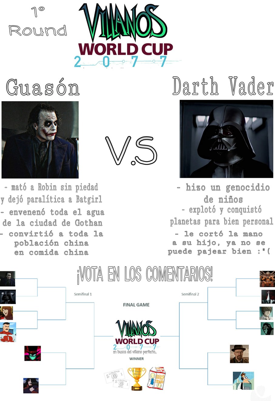 Damas y Caballeros, demos por iniciado el torneo: Guasón vs Darth Vader, ¡Voten por su favorito!. - meme