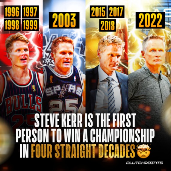 Kerr is the frist person to win a championship in four straight decades - meme