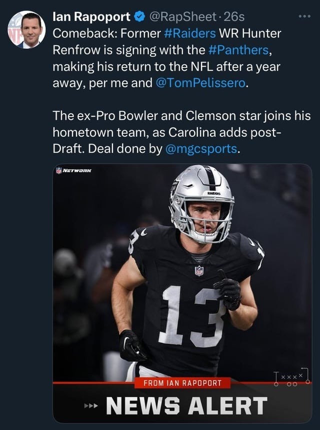 Hunter Renfrow making his NFL comeback with the Panthers - meme