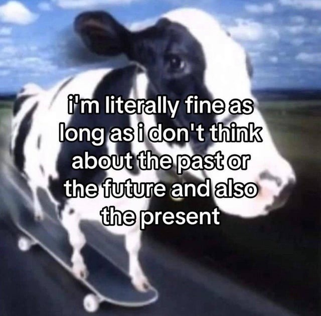 I'm fine as long as I don't think about anything ever again - meme