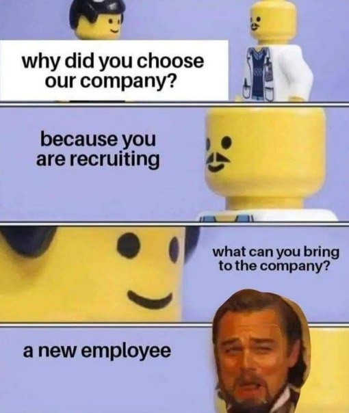 Why did I choose your company? Because you're hiring. Next question - meme