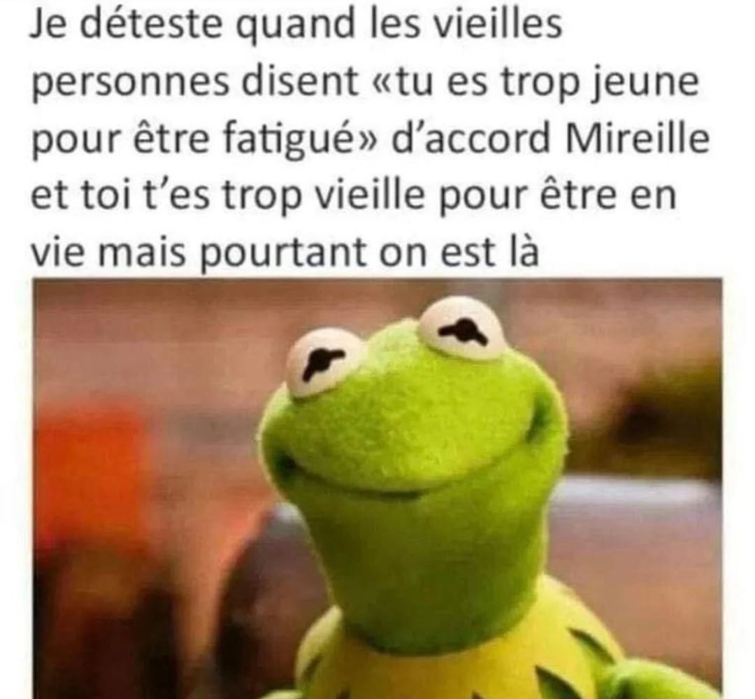 Je déteste quand les vieilles personnes disent ‘Tu es trop jeune pour être fatigué’. D’accord Mireille, et toi, t’es trop vieille pour être encore vivante, mais bon… - meme