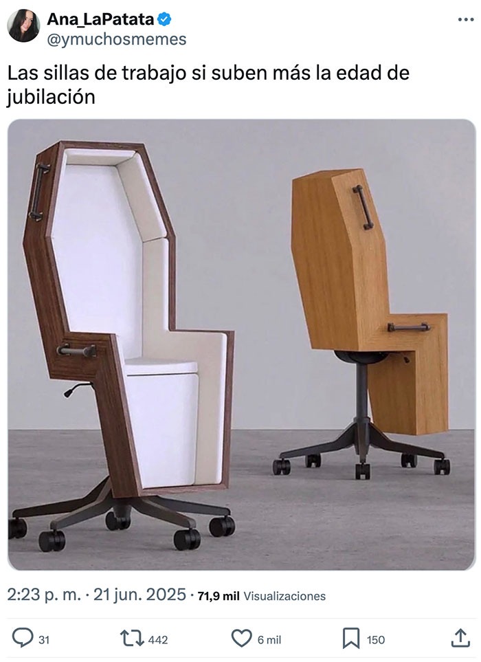 las sillas de oficina cuando suben la edad de jubilación ya ni disimulan - meme