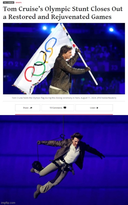 Tom Cruise stunt at the Olympics closing ceremony - meme