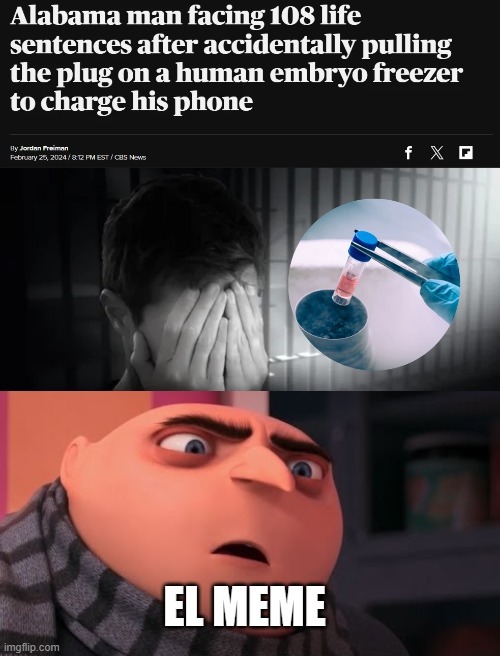 Accidentally pulling the plug on a human embryo freezer to charge his phone - meme