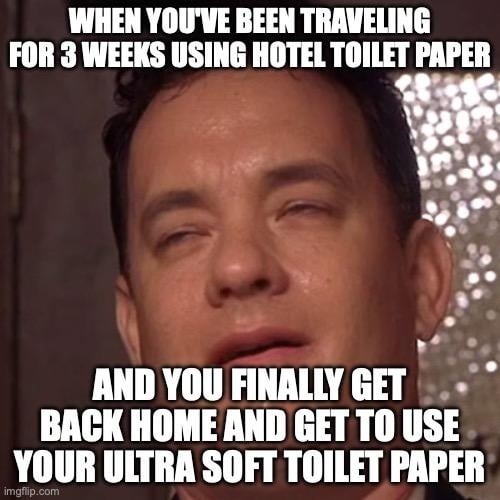 3 weeks of hotel toilet paper and you finally touch your ultra soft roll at home - meme