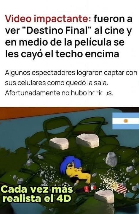 Fueron al cine a ver Destino Final y el techo dijo: les muestro la experiencia completa - meme