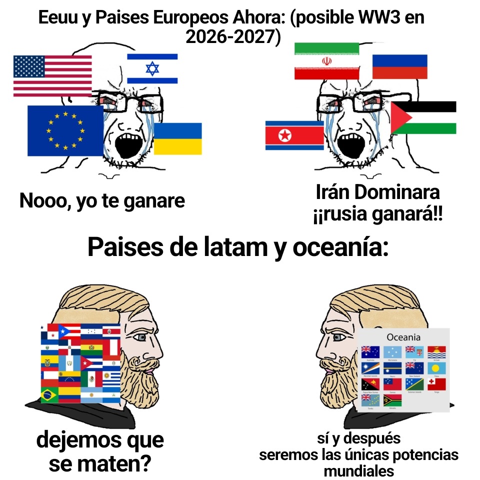 Contexto: Ultimamente los paises estan en Conflictos en Medio oriente y Europeos y Eeuu. Se viene la tercera guerra mundial, probablemente sea oficial en 2026-2027, el fin del mundo. - meme