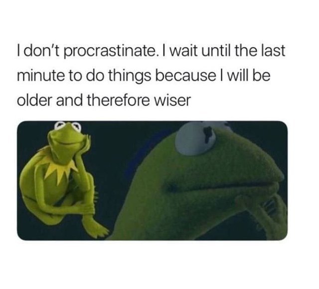 I don't procrastinate. I wait until the last minute to do things because I will be older and therefore wiser - meme
