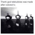 Teletubbies in black and white