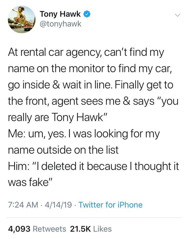 Tony Hawk renting a car - meme