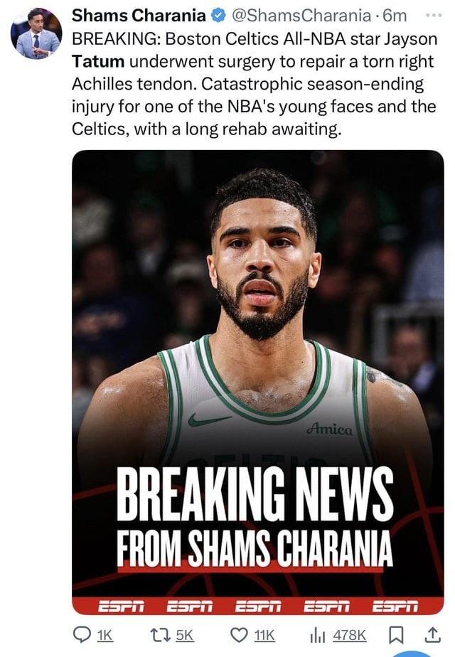 Jayson Tatum out for the season with Achilles tear... brutal - meme