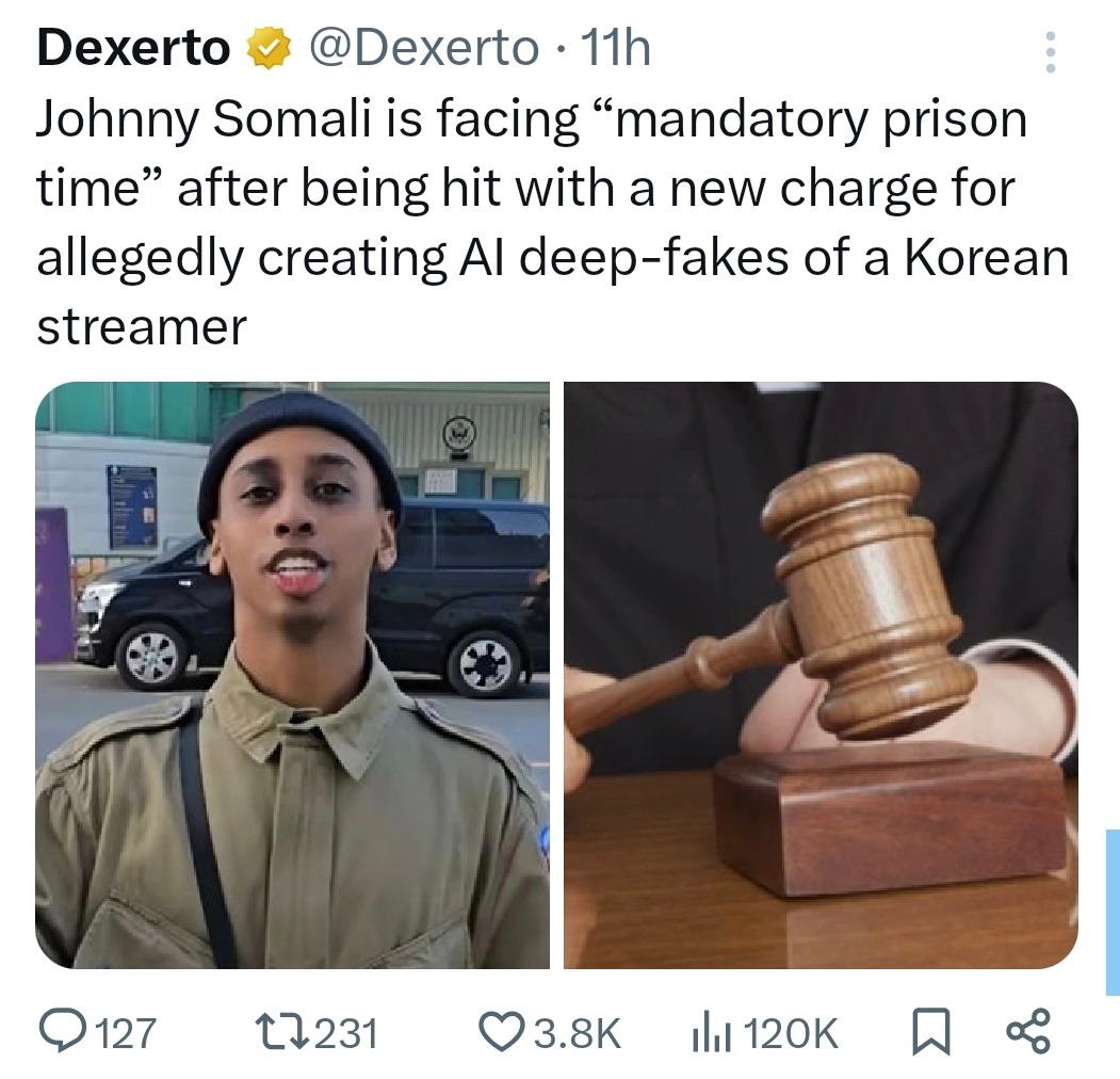 Streamer Johnny Somali made AI deepfakes and now faces prison time - meme