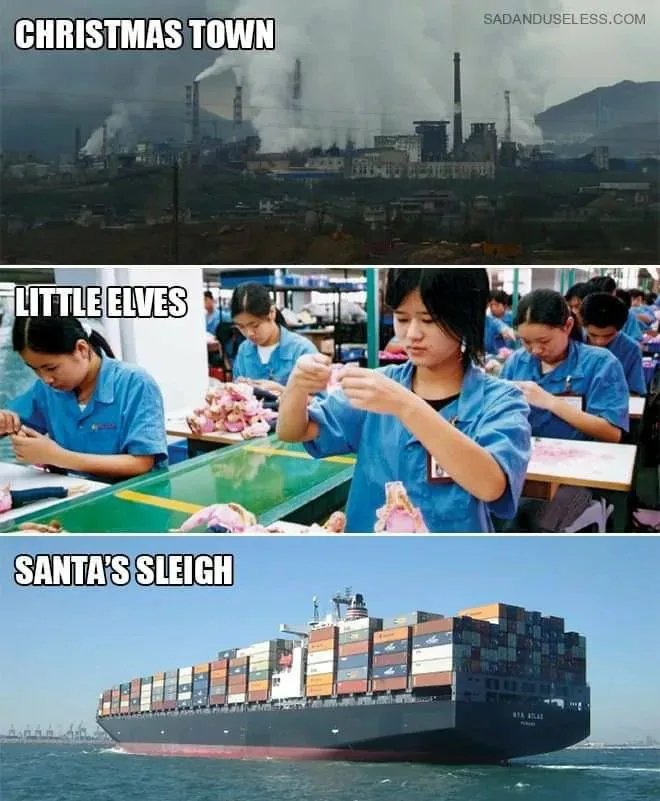 Meme: Christmas Town - ein rauchender Industriepark, Little Elves - Arbeiter:innen in einer Spielzeugfabrik, Santas's Sleigh - Ein Cargoschiff