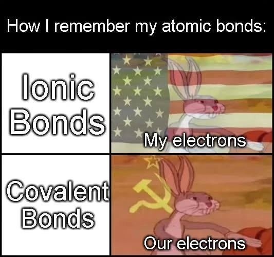 Ionic bonds: my electrons. Covalent: our electrons. Chemistry be romantic - meme
