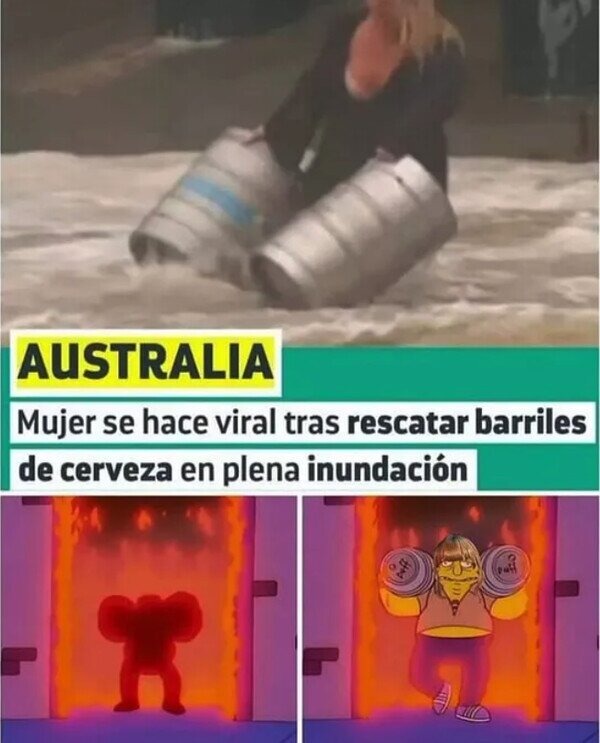 Meme de la noticia de junio donde una mujer australiana rescata barriles de cerveza como en los Simpson