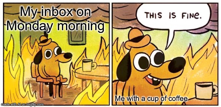 This is fine. Monday. Coffee. Panic. Repeat - meme