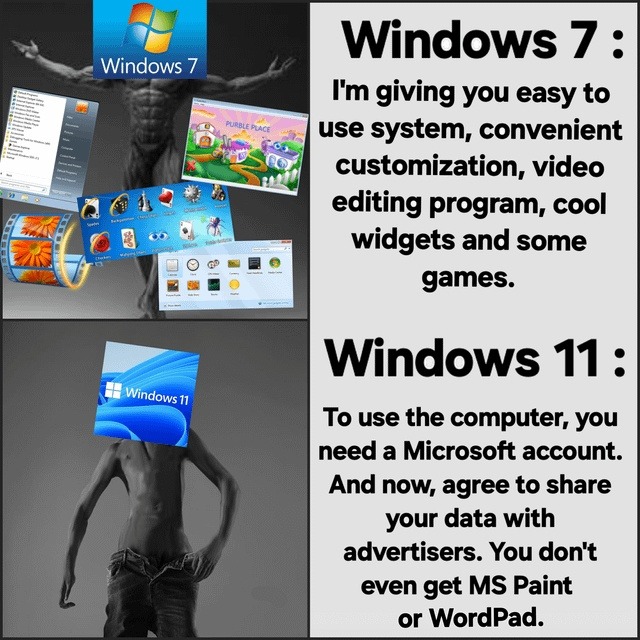 Windows 7: gamer paradise. Windows 11: ad farm with a login wall - meme