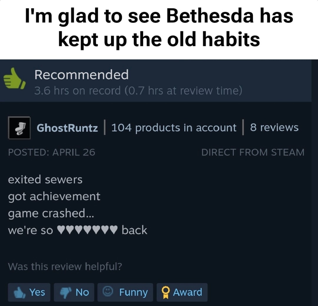 Bethesda fans after the 27th game crash: we're so back - meme
