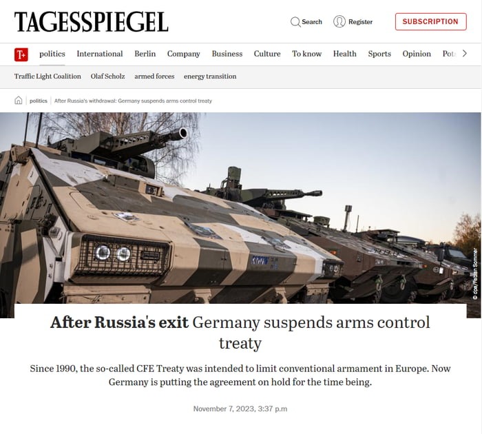 Germany pulls out of cold war disarmament agreement, and is no longer bound to military restrictions limiting maximum number of combat vehicles. - meme