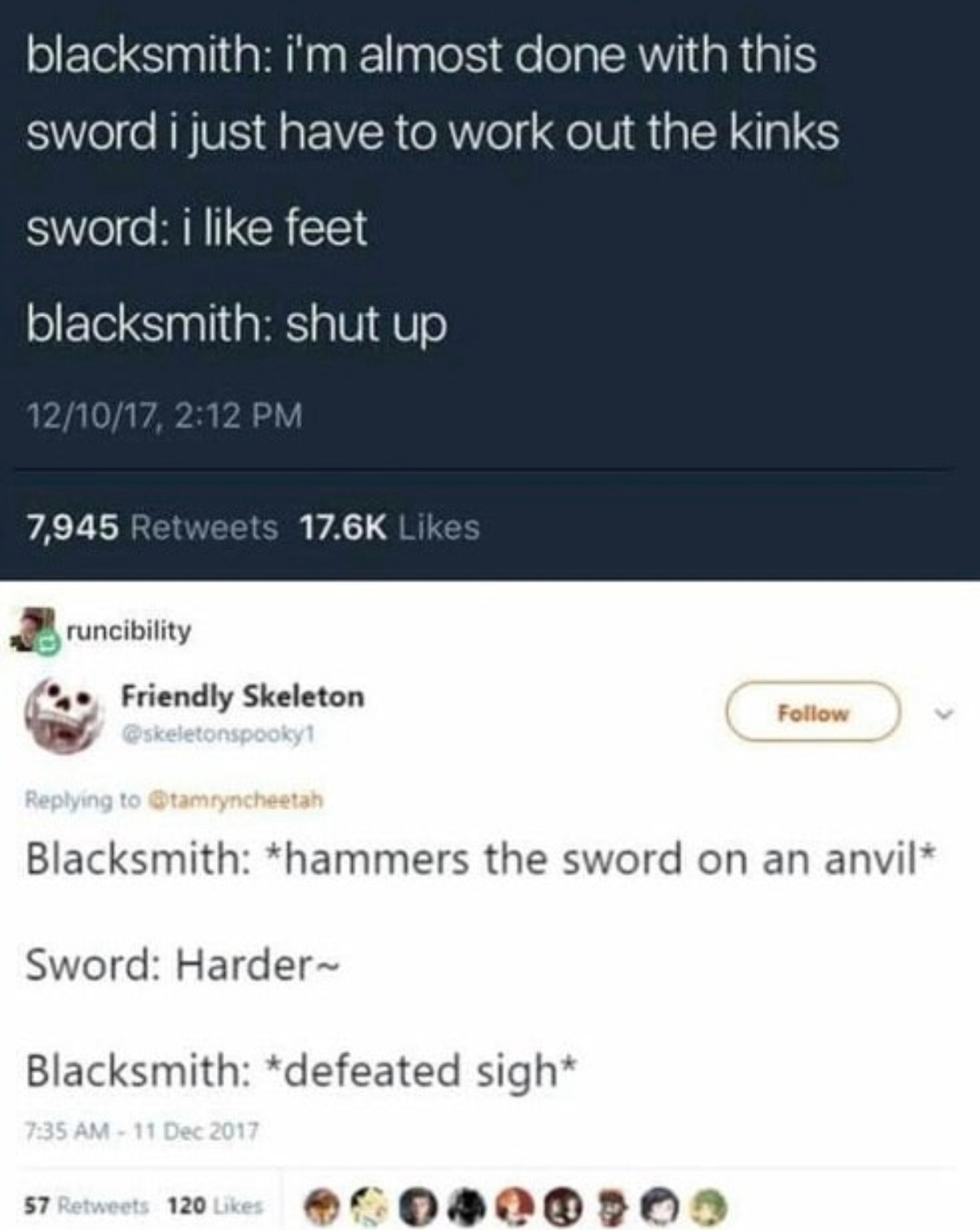 Blacksmith trying to silence a kinky sword - meme