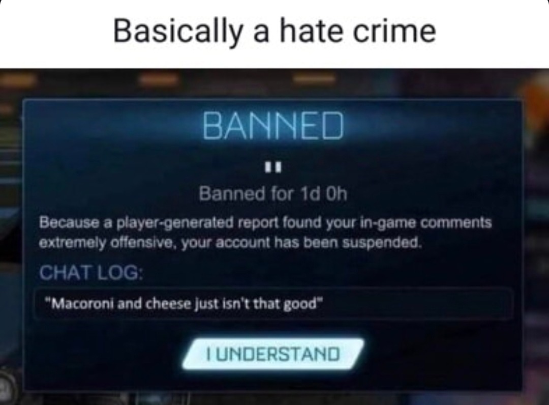 Banned from chat for hating mac and cheese, society crumbles - meme