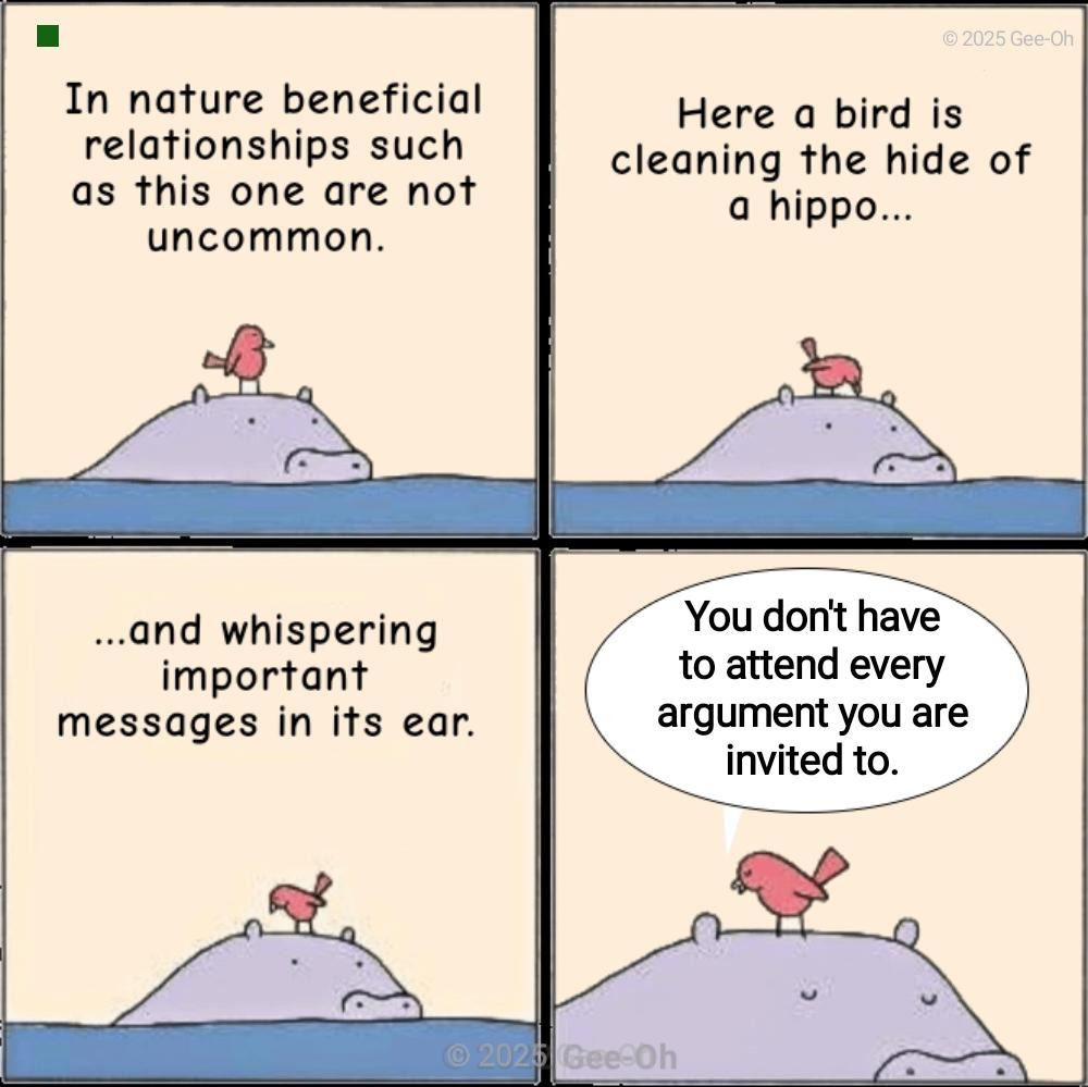That one bird giving life advice to a hippo like it's a podcast - meme