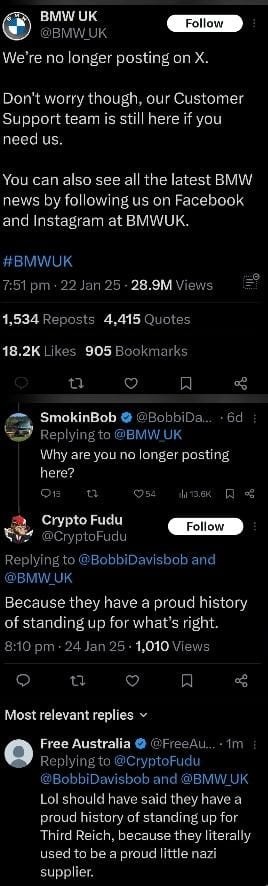They basically said they would stop posting because they think Elon did a "Nazi salute" - meme
