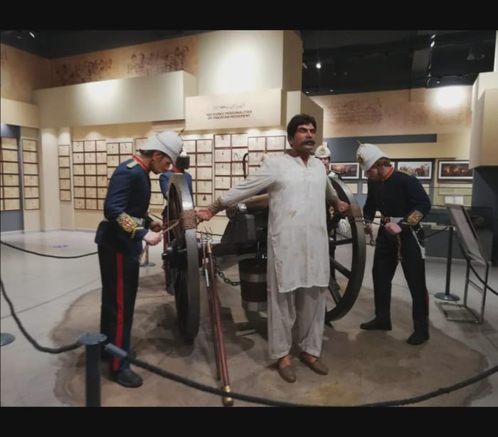 Indian being tied for execution by Canon, by British Empire Soldiers. Picture from history museum of Lahore - meme